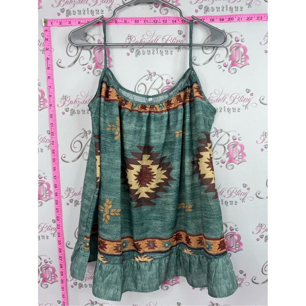 Western top Green Aztec Print Spaghetti Strap Tank Top